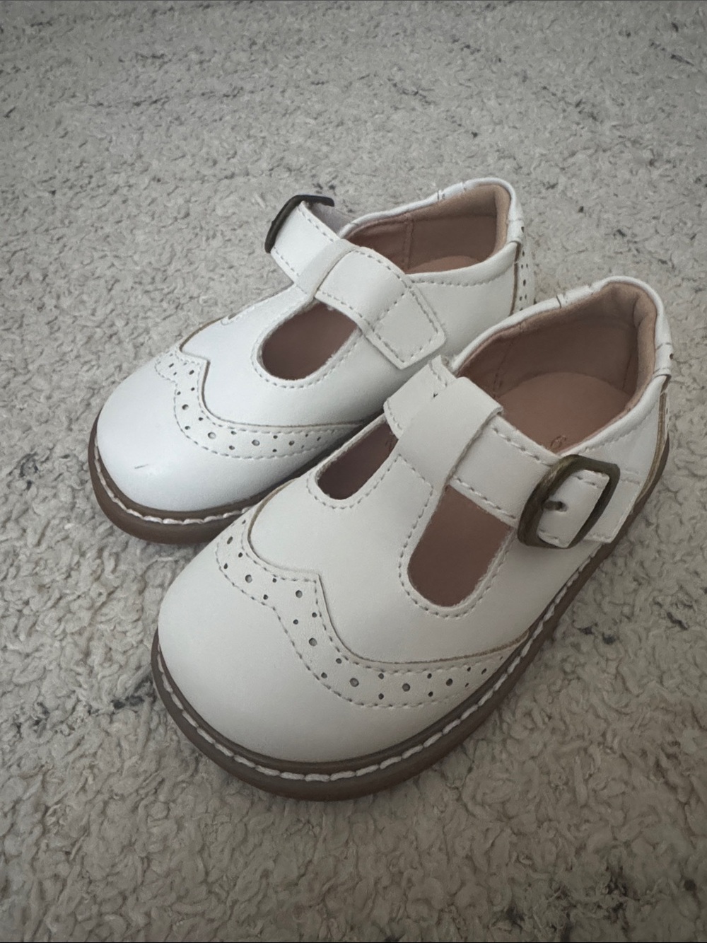 Classic White T-Bar Brogue Kids Dress Shoes